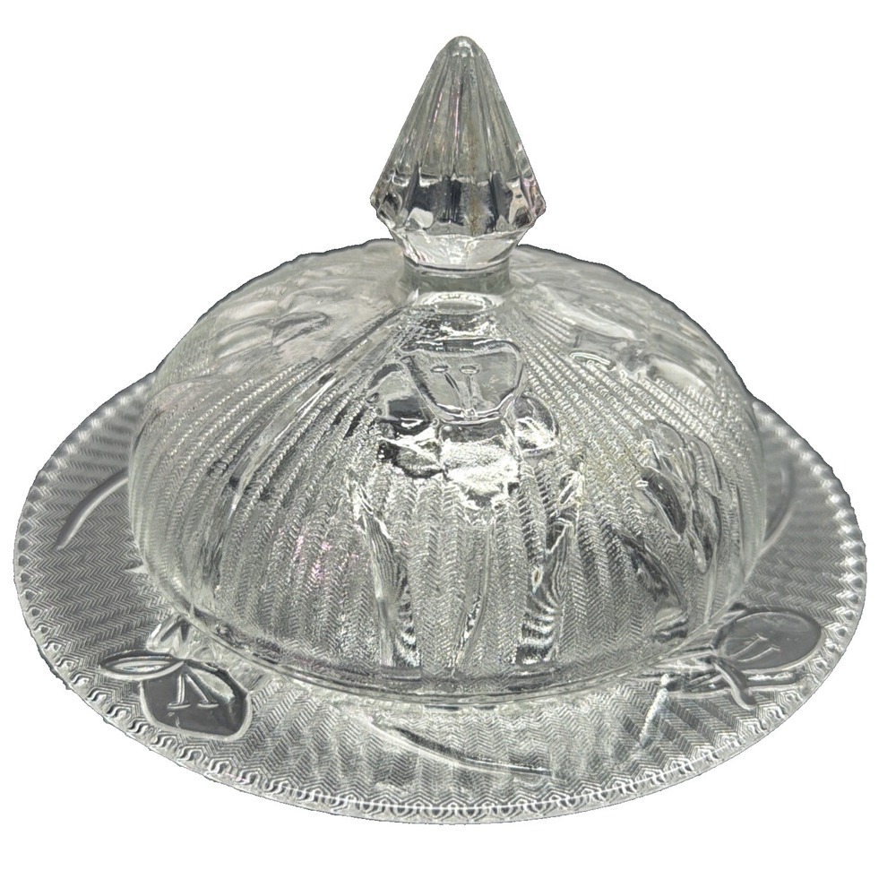 Vintage Floral Clear Glass Round Butter Dish with Lid candy dish decor